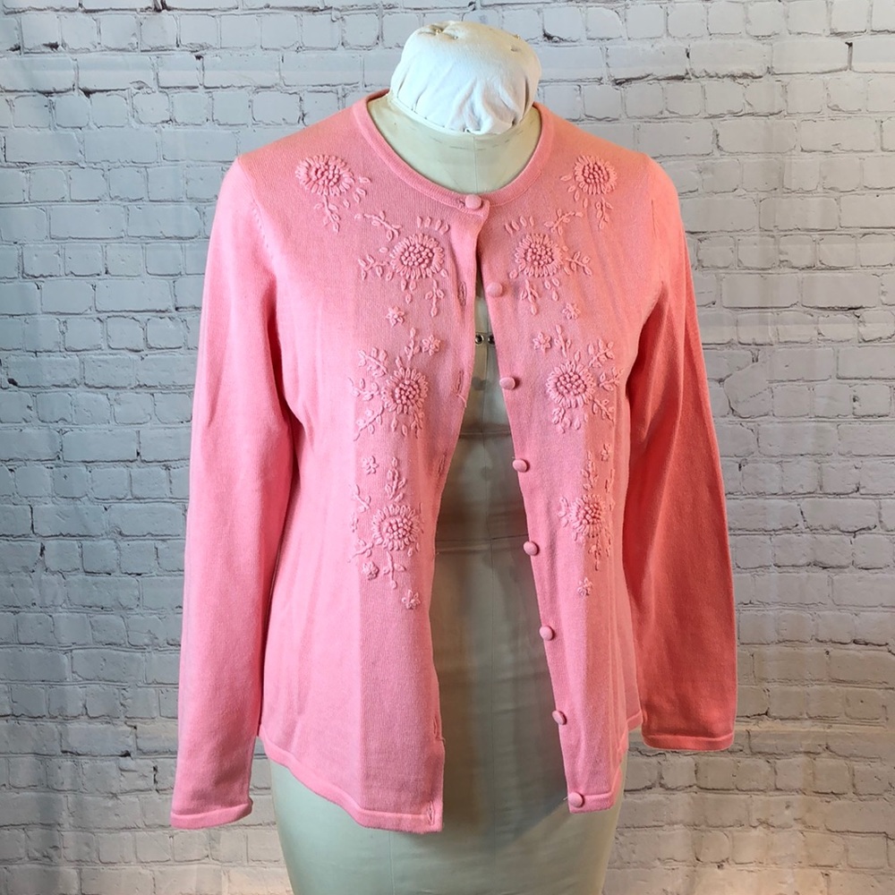 Croft Barrow Cardigan Sweater Buttons up Floral Detail Medium